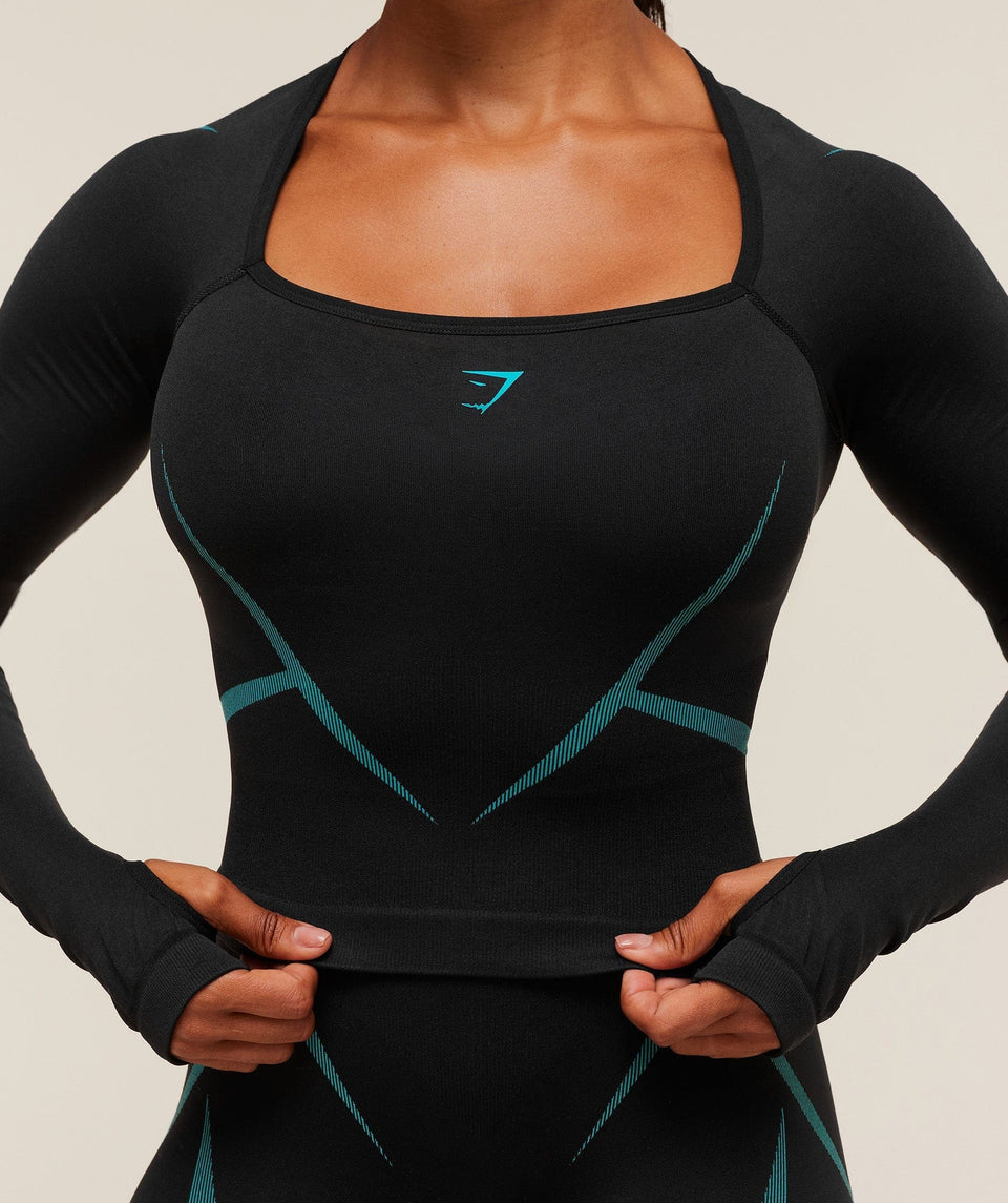 Gymshark Apex Lift Seamless Long Sleeve Crop Top - Black/Brand Blue