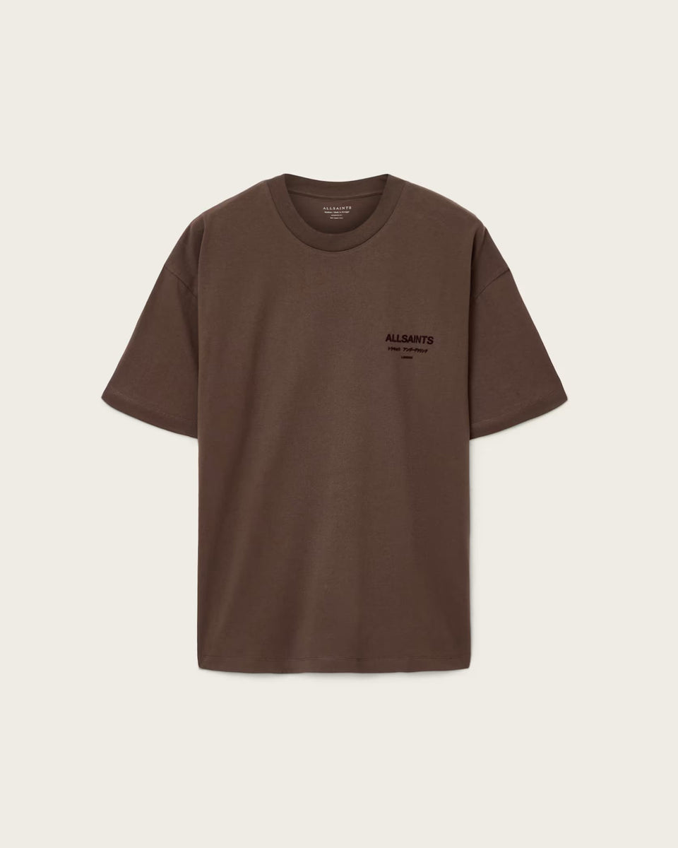ALL SAINTS Xander Flocked Logo Oversized Bitter Brown T-Shirt