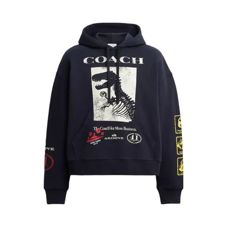 Coach Dinosaur Collage Relaxed Hoodie In Organic Cotton in Navy Blue
