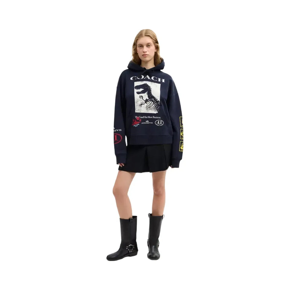 Coach Dinosaur Collage Relaxed Hoodie In Organic Cotton in Navy Blue