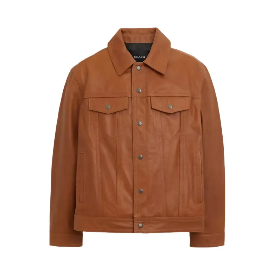 Coach Leather Trucker Jacket in Rust