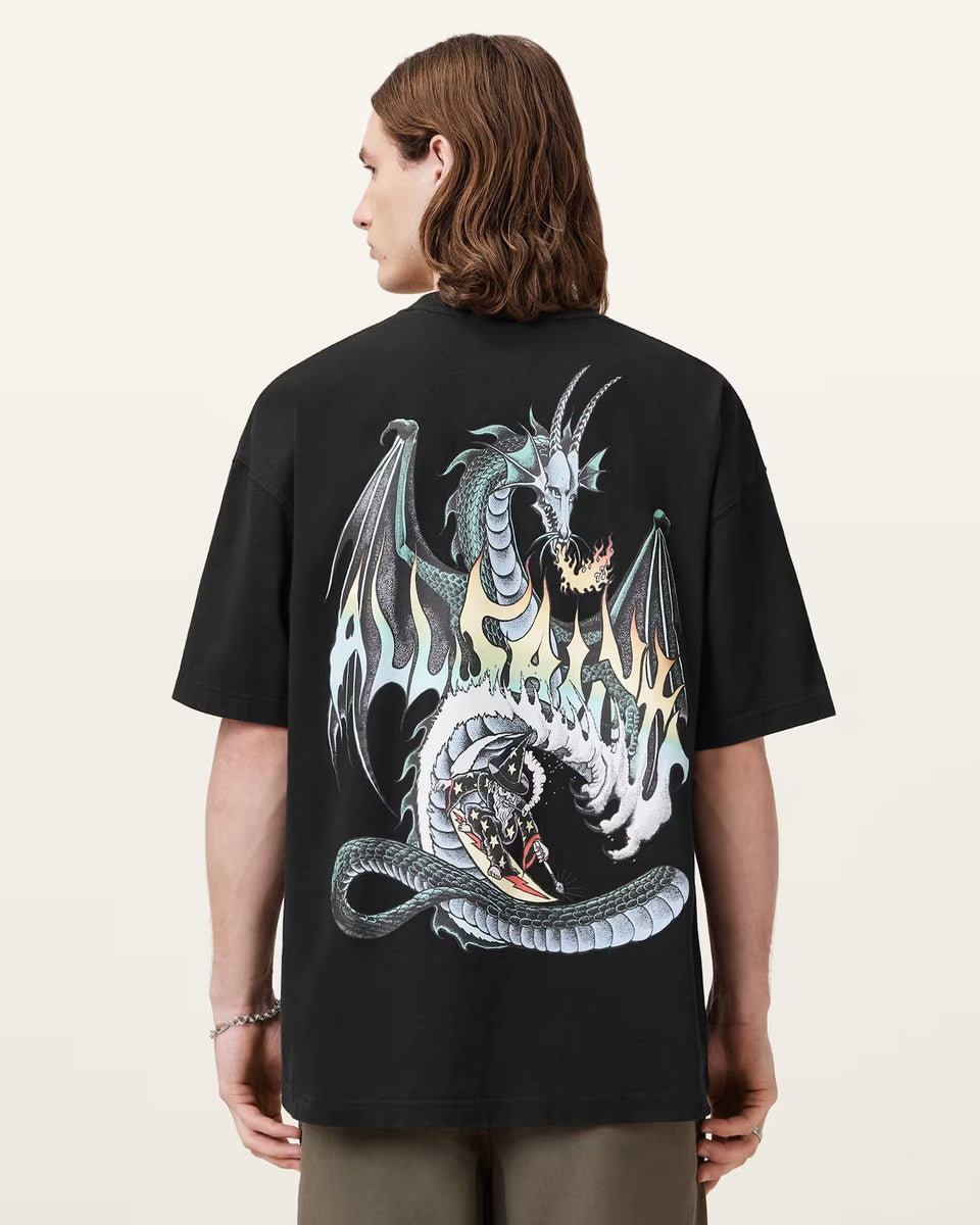 ALL SAINTS Dragon Wave Oversized Short Sleeve T-Shirt Washed Black