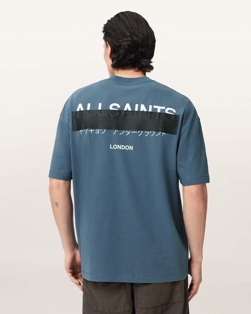 Allsaints Redact Oversized Embroidered Logo T-Shirt Waved Blue