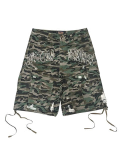 Bottega Desires Distressed Camo Cargo Shorts Green