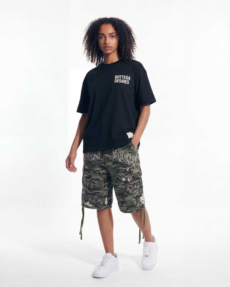 Bottega Desires Distressed Camo Cargo Shorts Green