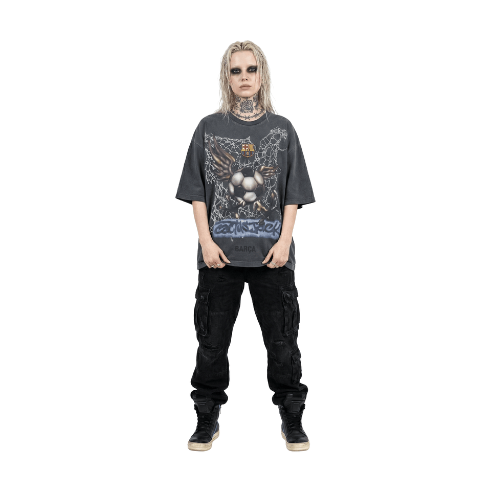 Travis Scott Cactus Jack x Futbol Club Barcelona Washed Spray Logo Tee Grey (SS25)