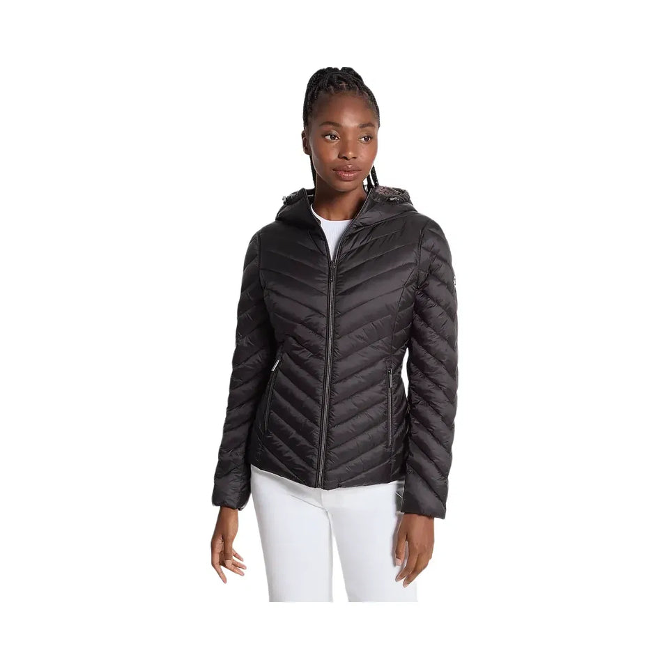 Michael Kors Chevron Logo Print Quilted Nylon Reversible  Jacket Black/Brown Logo