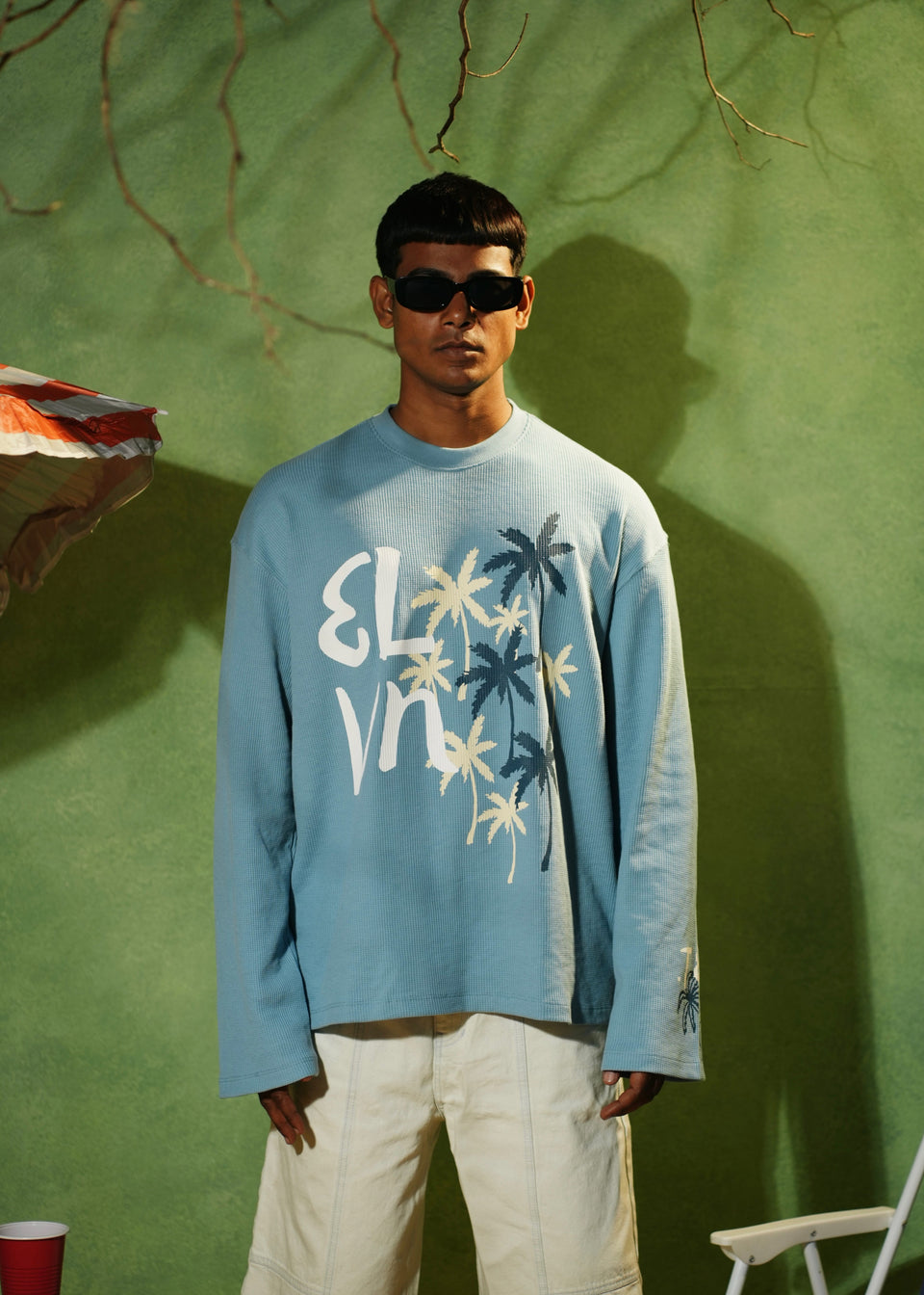 ‘PALM STATE’ FULL SLEEVE WAFFLE TEE | SKY BLUE