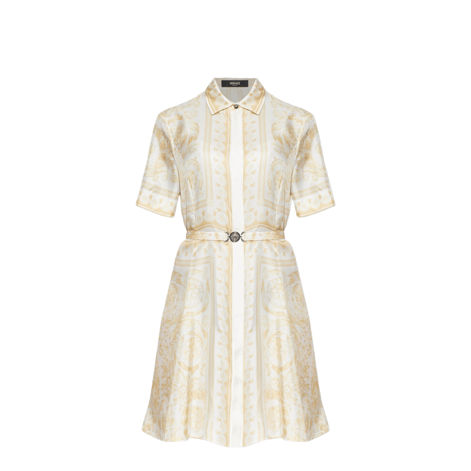 Versace Belted Silk Dress Gold