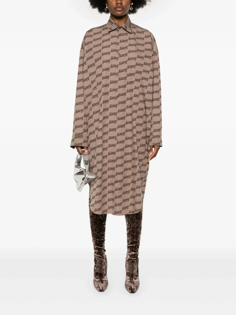 monogram-print long-sleeve shirtdress