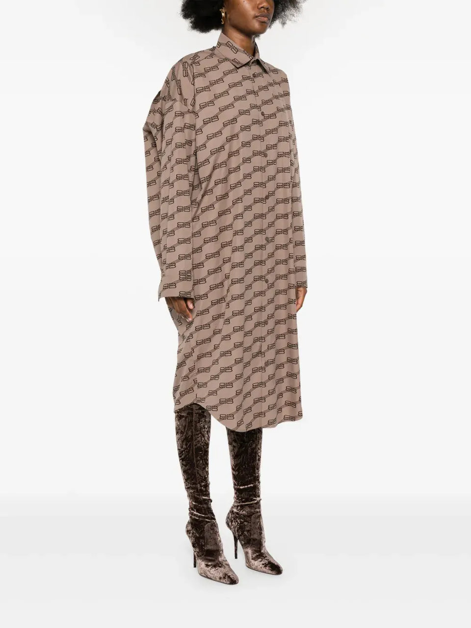 monogram-print long-sleeve shirtdress