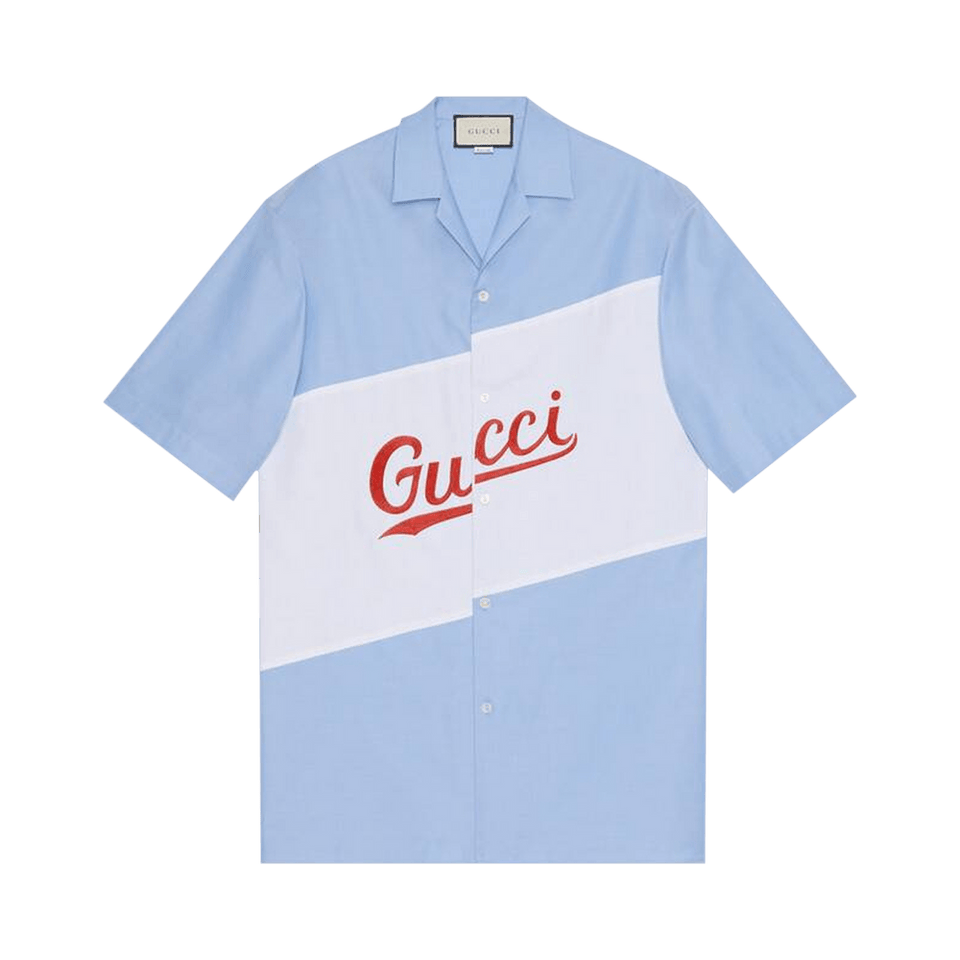 Gucci Script Oversize Bowling Shirt Sky Blue/Mix
