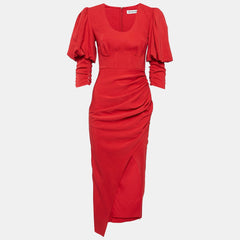 Self - Portrait Red Stretch Crepe Ruched Midi Dress
