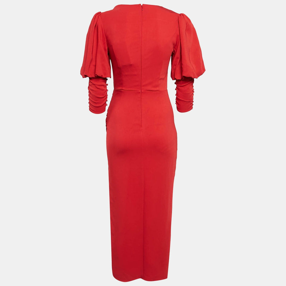 Self - Portrait Red Stretch Crepe Ruched Midi Dress