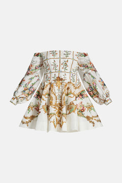 Camilla Dressing Room Drama Seamed Floral Linen Silk Off Shoulder Mini Dress in White