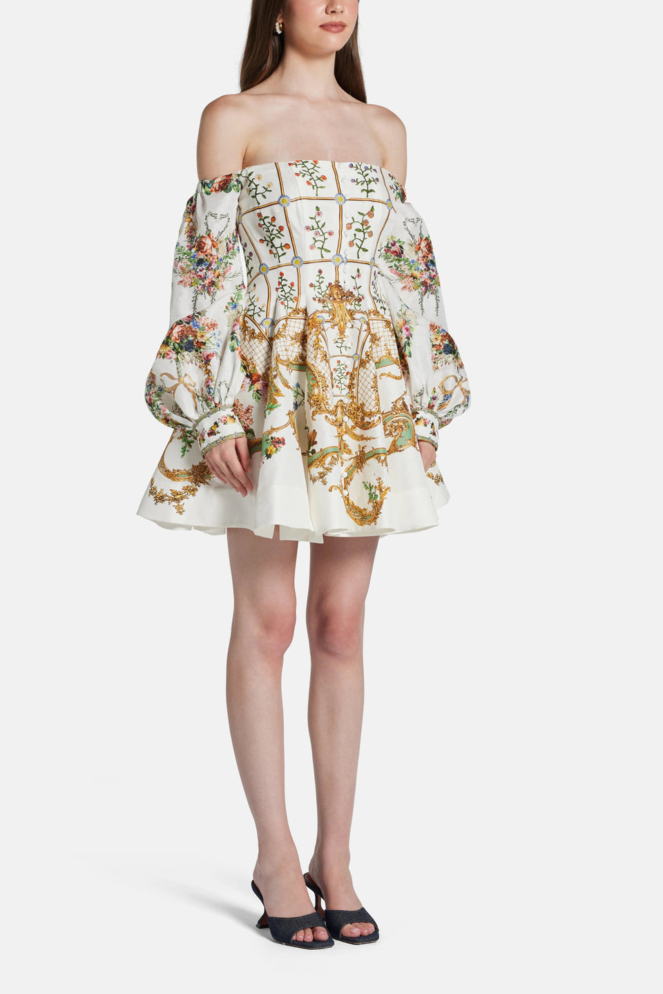 Camilla Dressing Room Drama Seamed Floral Linen Silk Off Shoulder Mini Dress in White