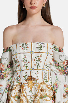 Camilla Dressing Room Drama Seamed Floral Linen Silk Off Shoulder Mini Dress in White
