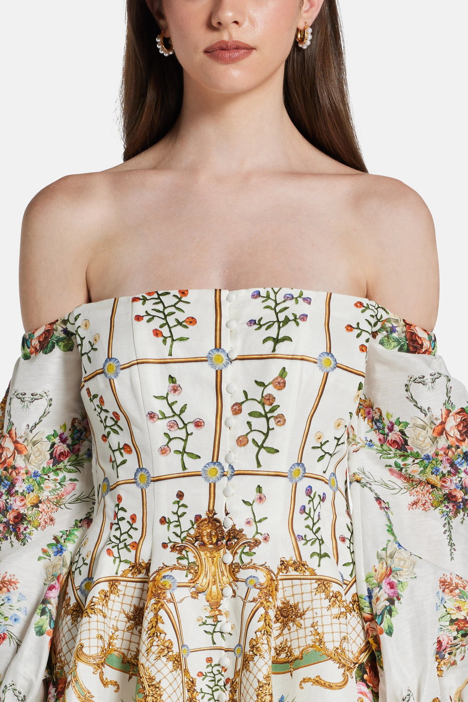 Camilla Dressing Room Drama Seamed Floral Linen Silk Off Shoulder Mini Dress in White