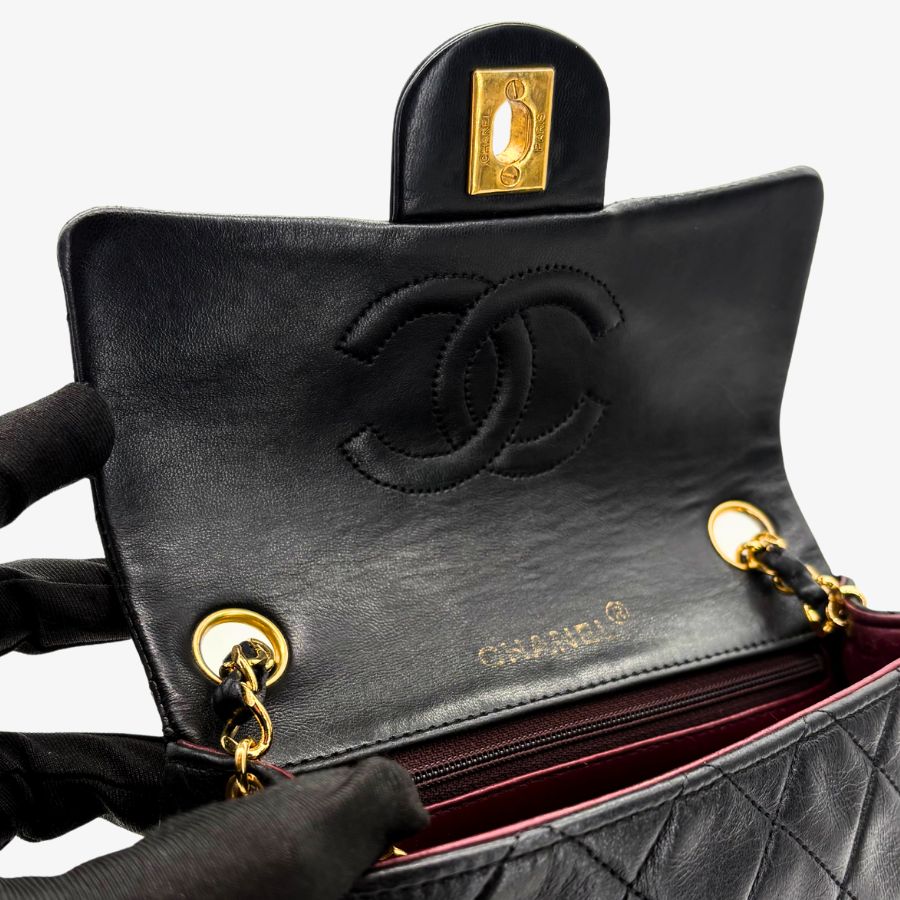 RG237 - CHANEL Vintage Black Lambskin 17cm Mini Square Flap Bag