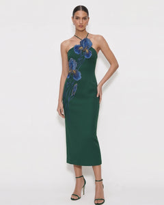 Iris Embroidered Halter Midi Dress - Navy Blue