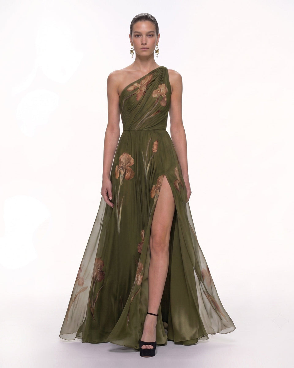 Floral One Shoulder Maxi Dress - Black