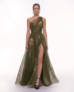 Floral One Shoulder Maxi Dress - Black