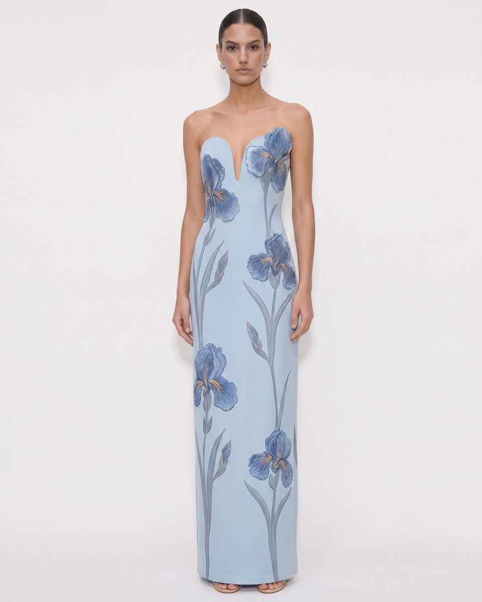 Iris Embroidered Notch Neck Strapless Maxi Dress - Emerald Green