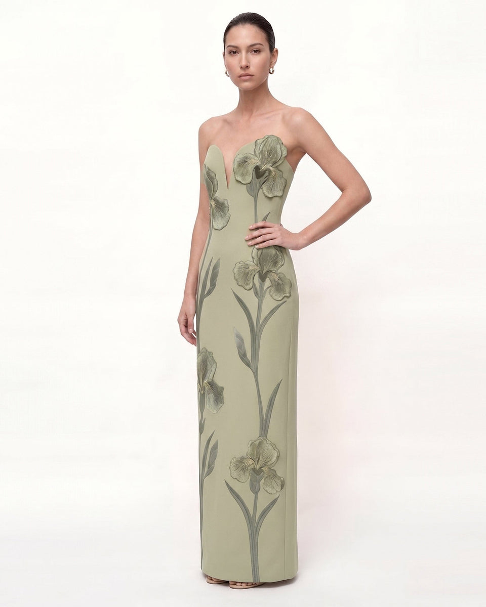 Iris Embroidered Notch Neck Strapless Maxi Dress - Emerald Green
