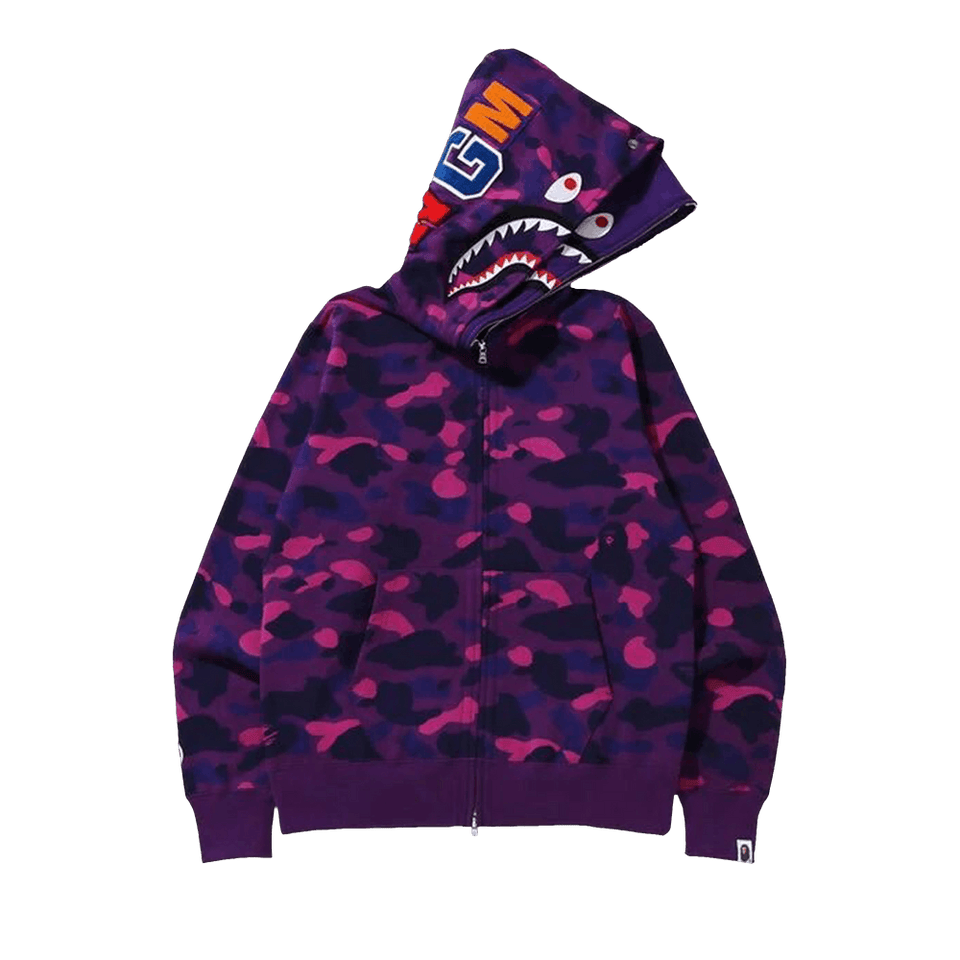 BAPE Color Camo Shark Wide Full Zip Double Hoodie Purple