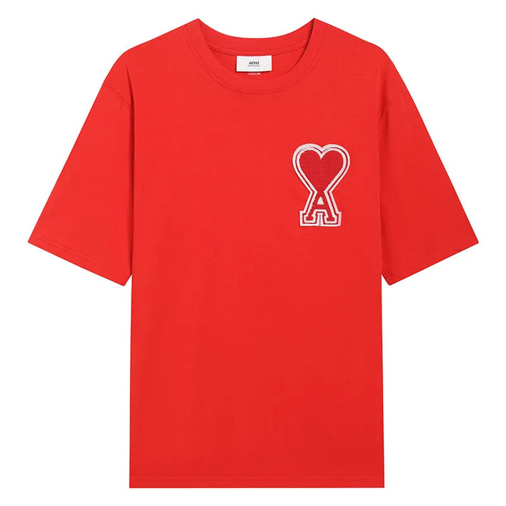 Ami Paris Pure Cotton Heart Embroidered Couple Unisex RED T-Shirt