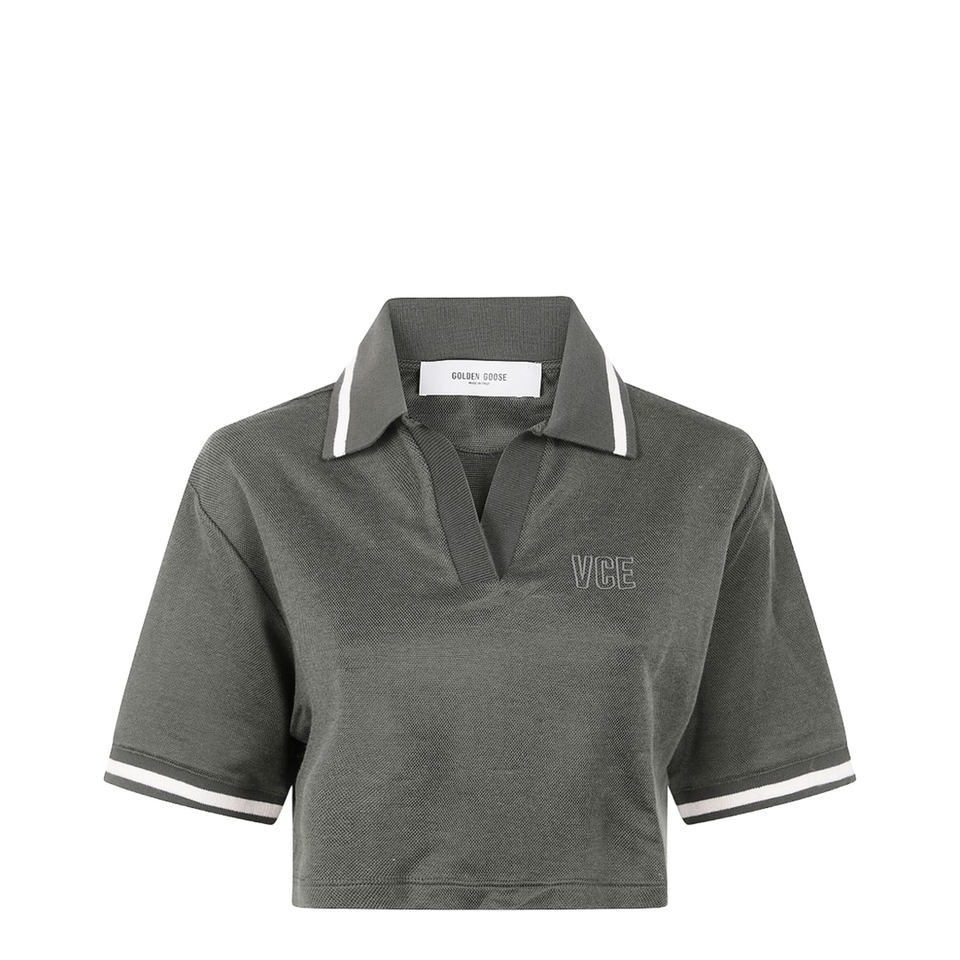 Green Shorts Sleeves Polo Collar Cropped Top