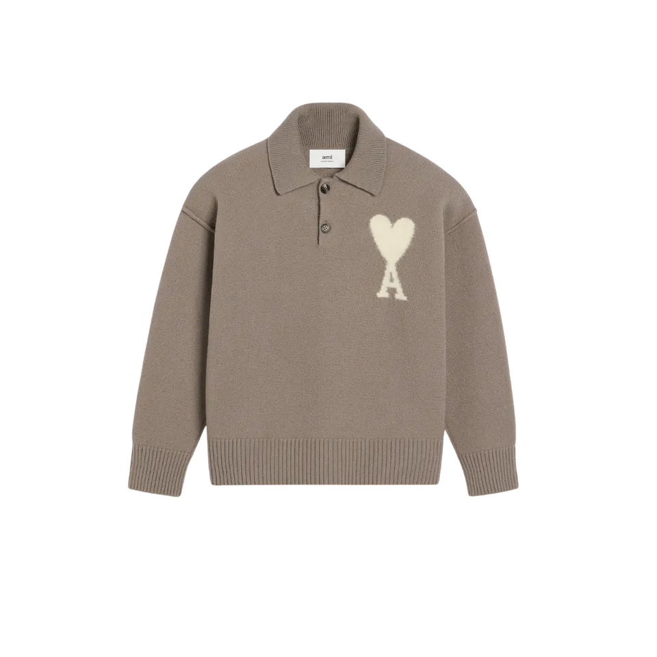 AMI Paris  TAUPE WOOL AMI DE COEUR POLO
