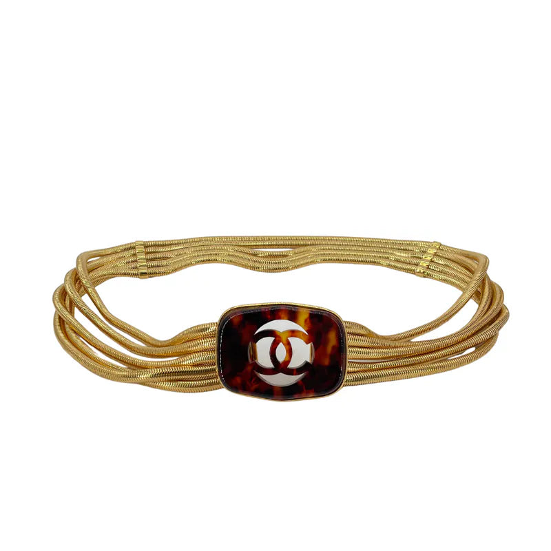 C545 - CHANEL Gold Gold-Mesh Multi Strand Chain Tortoise CC Logo Spring Belt