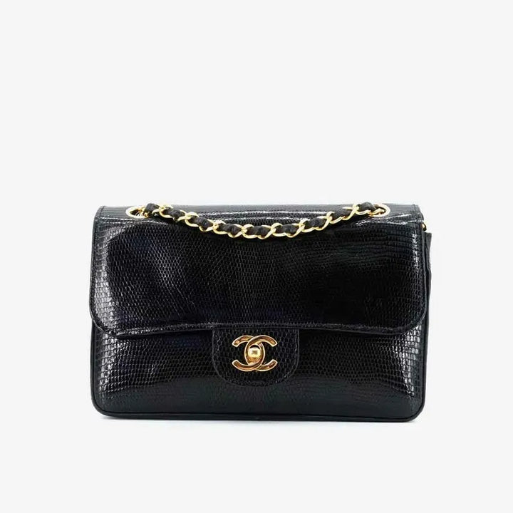 JQ960 - CHANEL Vintage Black Lizard Skin 23cm Classic Flap Bag