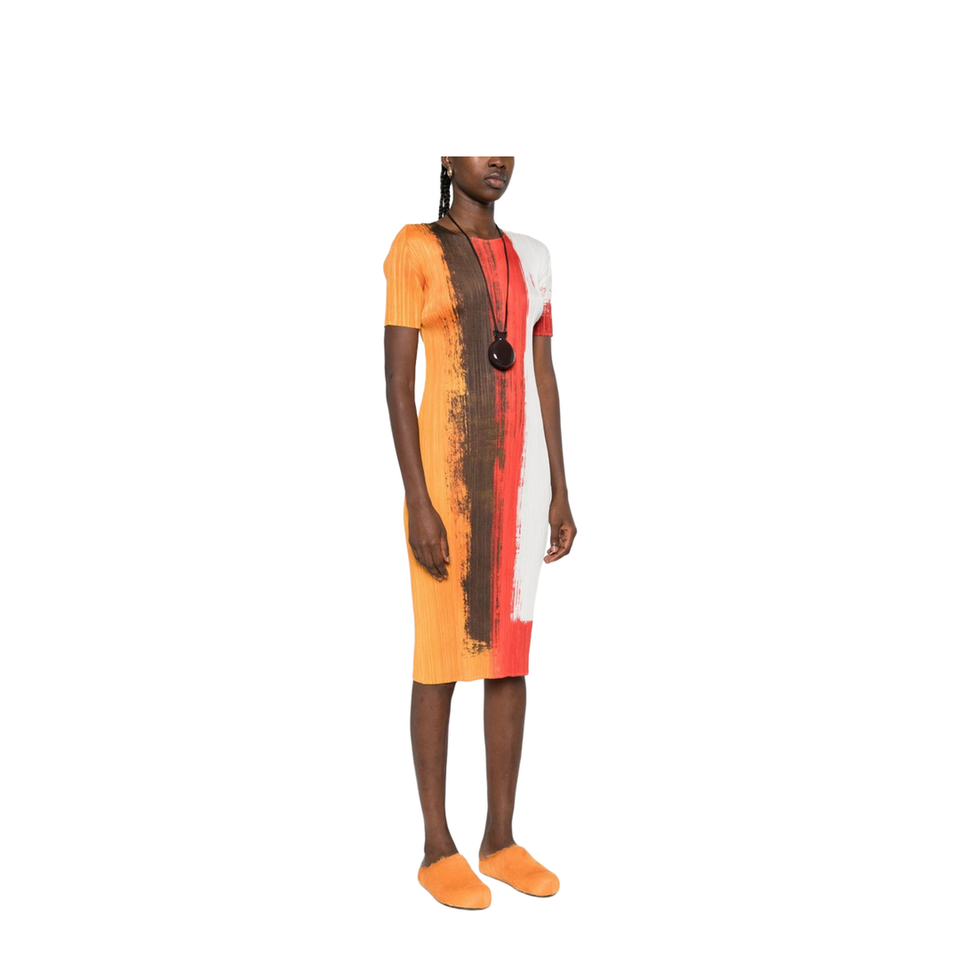 Pleated Paint-effect Midi Dress In Multi