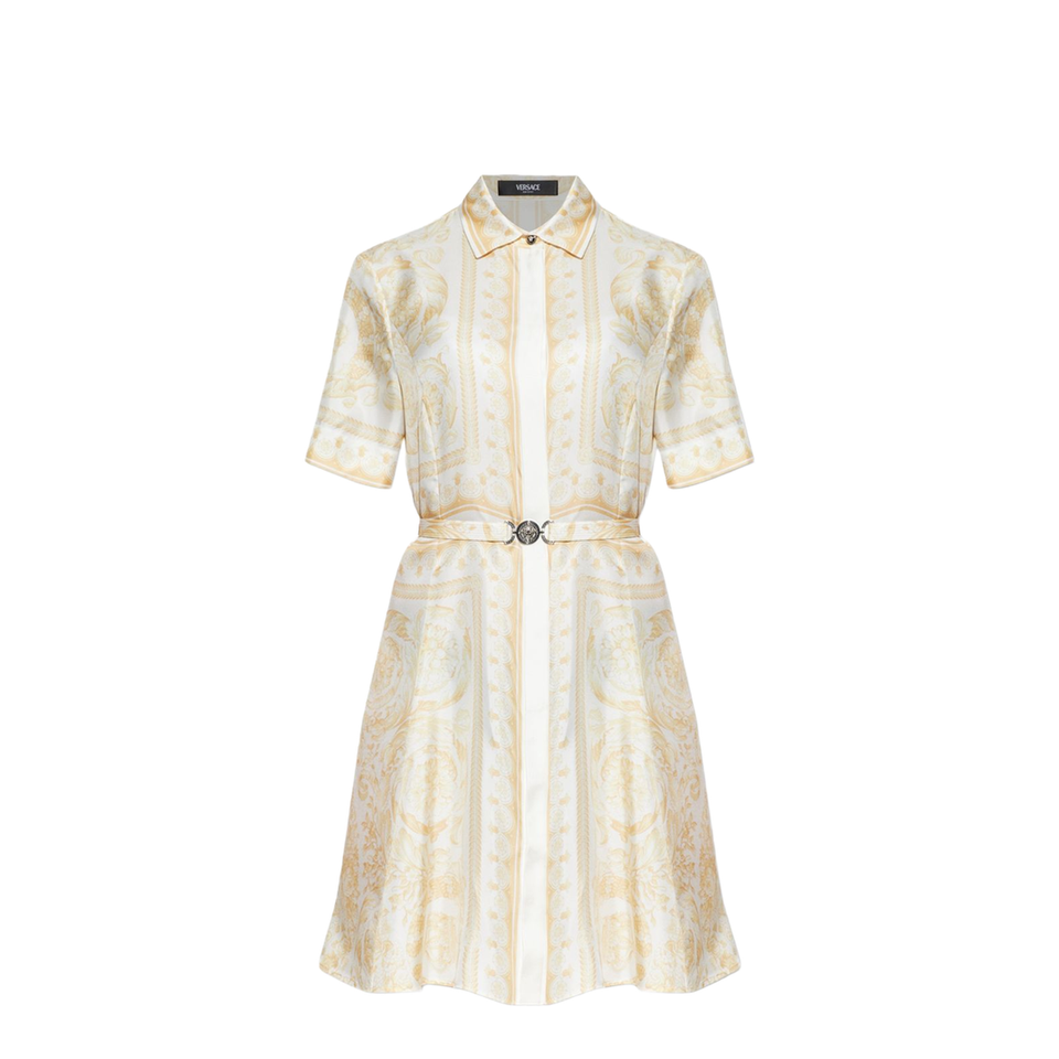 Versace Belted Silk Dress Gold