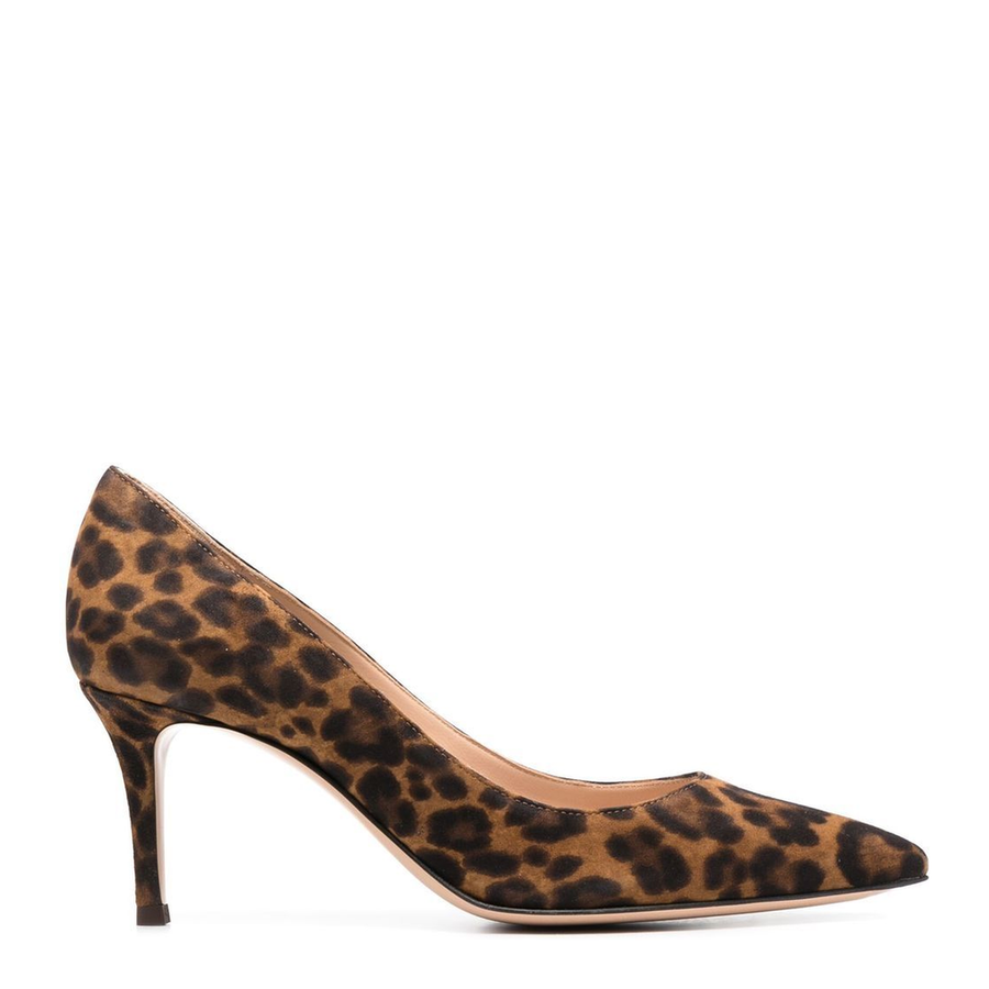 Brown Calf Suede Leopard Print Pumps