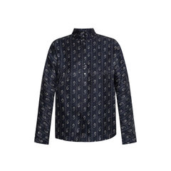 Navy Blue Paisley Print Button Fastening Mandarin Collar Long Sleeves