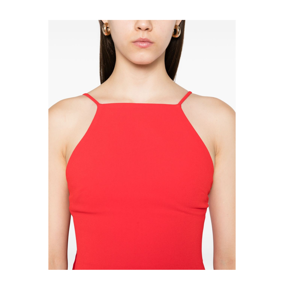 Halterneck Sleeveless Fitted Bodice Floor-Length Skirt Train Detail Dress