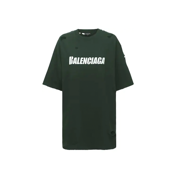 BALENCIAGA Distressed Logo Print Tee Dark Green
