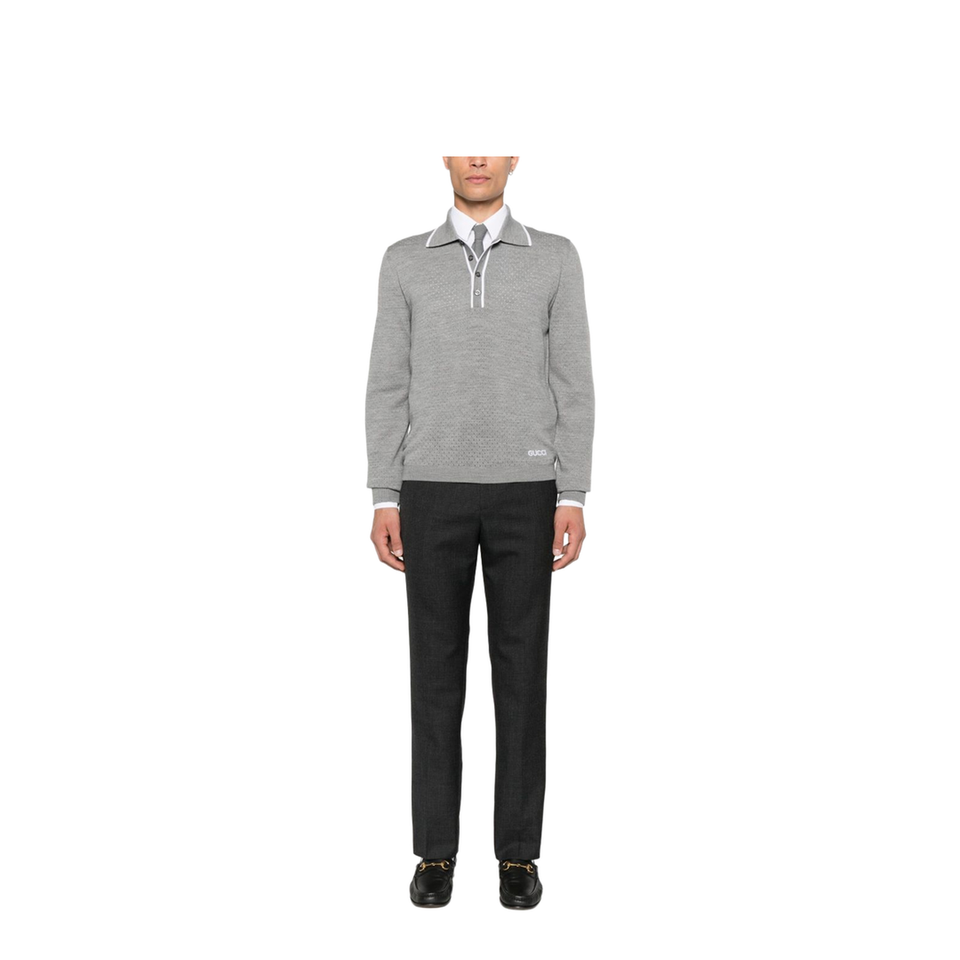 Fine Wool Knit Polo Shirt with Intarsia