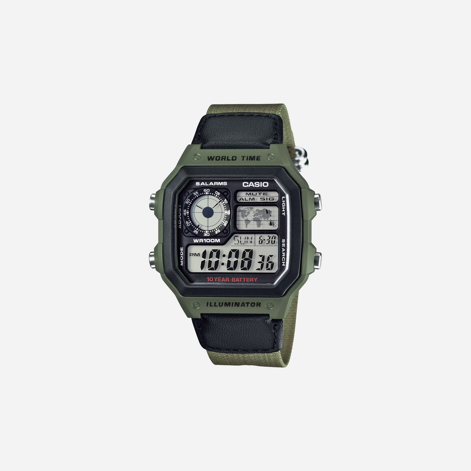 Casio Youth AE-1200WHB-3BV Digital Grey Dial Green Cloth Band Strap Watch
