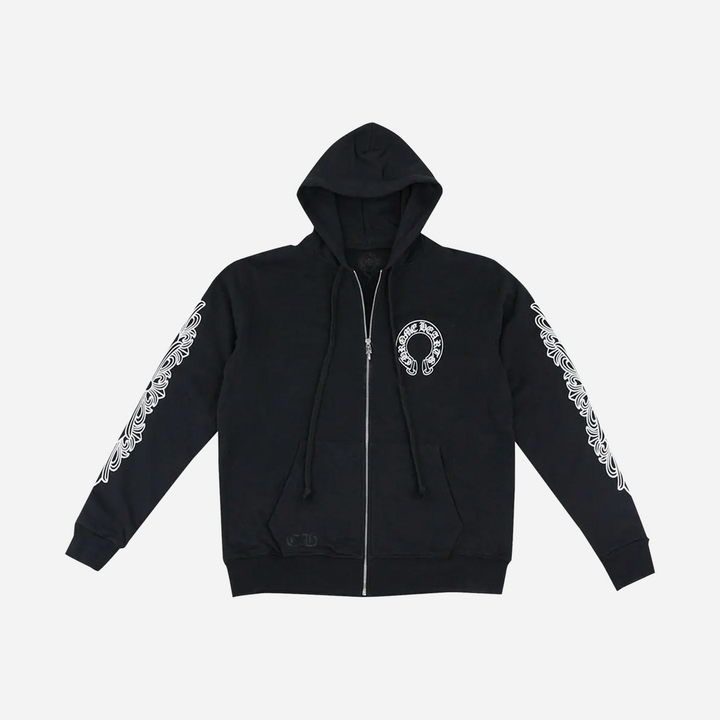 Chrome Hearts Horse shoe Floral Cross Sleeve Zip Up Hoodie Black White