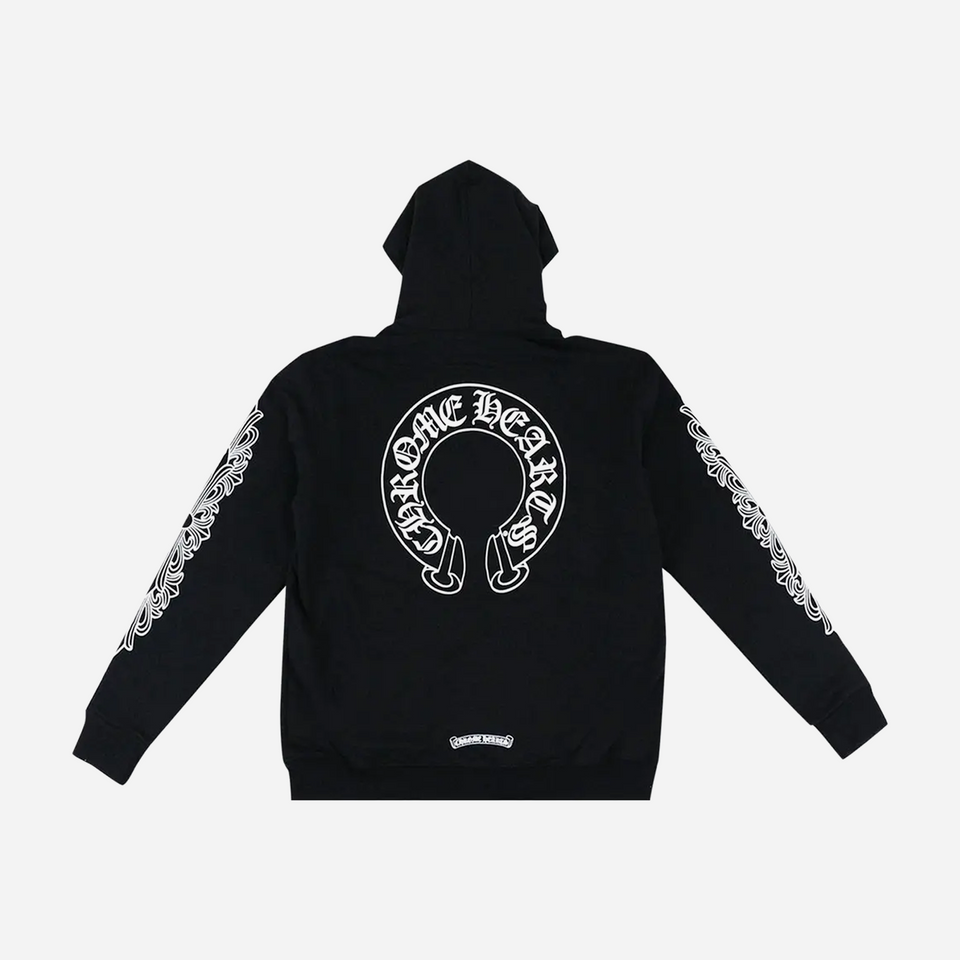 Chrome Hearts Horse shoe Floral Cross Sleeve Zip Up Hoodie Black White