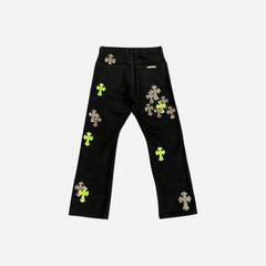 Chrome Hearts Green & Leopard Cross Patch Jeans Black