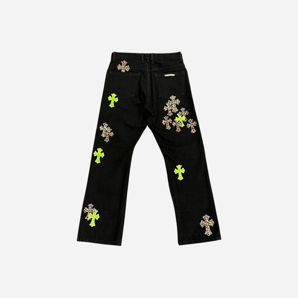 Chrome Hearts Green & Leopard Cross Patch Jeans Black