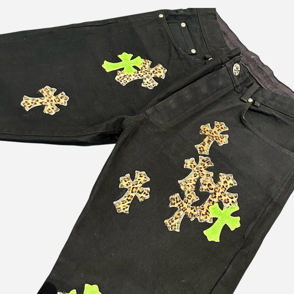 Chrome Hearts Green & Leopard Cross Patch Jeans Black