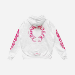 Chrome Hearts Pink Horseshoe Floral Sleeve Pullover Hoodie White