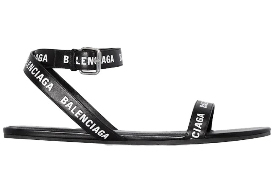 Balenciaga Black Logo Print Sandals Black Leather