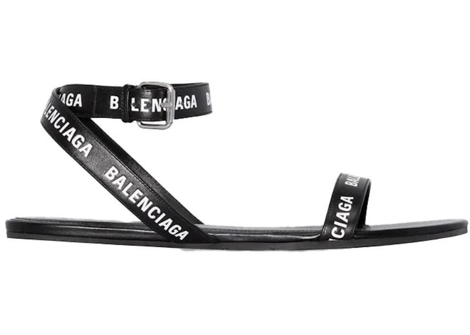 Balenciaga Black Logo Print Sandals Black Leather